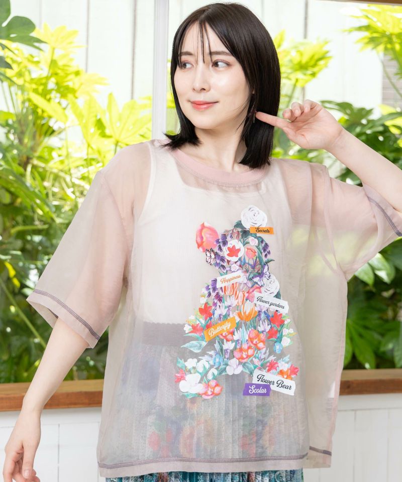 【SALE 10%OFF】 ScoLar スカラー クマ シルエット 花柄 シアープル オーバー Tシャツ 夏 レディース 半袖 おしゃれ 20代30代40代 152662：クマシルエット花柄シアープルオーバーの通販-ScoLar