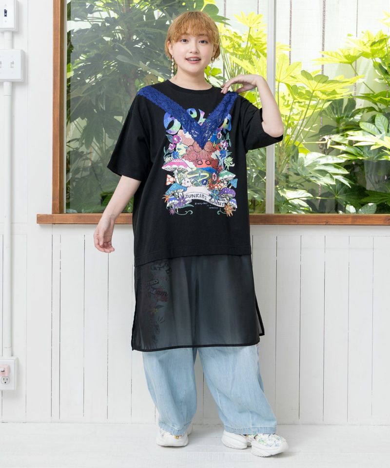 152666：スカラーキノコ柄 レース×シフォン切替ワンピースの通販