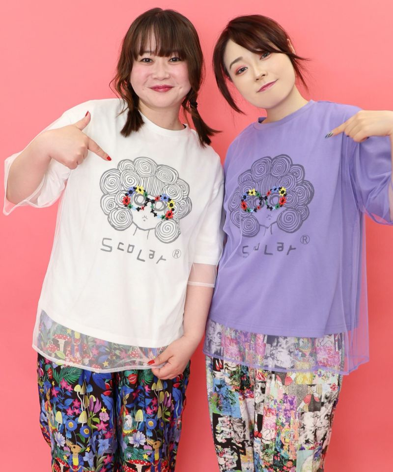 152669：花メガネ刺繍 スカラーちゃんチュール重ねプルオーバー