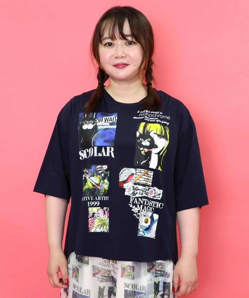 スカラー ScoLar コラージュ柄 接触冷感Tシャツ （ピンク） スカラー ScoLar コラージュ柄 接触冷感Tシャツ （ピンク