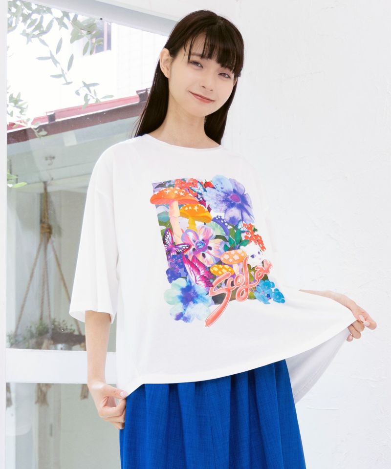 スカラー ScoLar ネコ花キノコ柄 接触冷感Tシャツ （ネイビー） スカラー ScoLar ネコ花キノコ柄 接触冷感Tシャツ （ネイビー