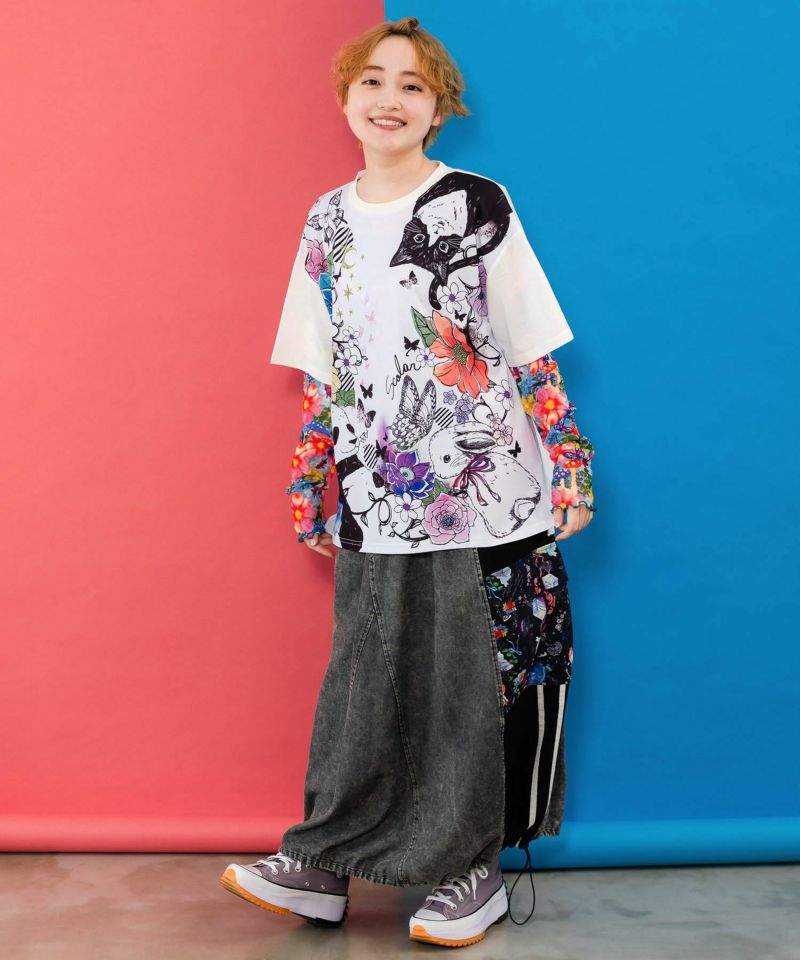 Scolar スカラー 半袖 Tシャツ アニマル柄 蝶 花柄 ネコ うさぎ パンダ メルヘン ガーリー カジュアル カラフル ポップ 手描きイラスト 152712 152712-1.jpg