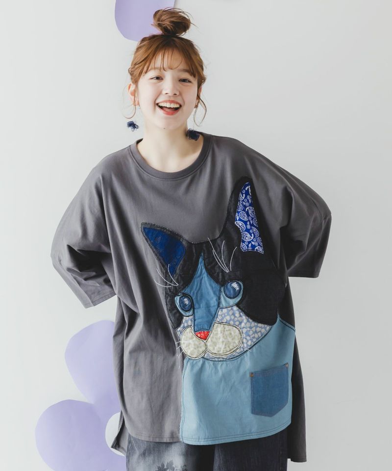 スカラー　scolar 152760：ネコ柄デニムアップリケチュニック 152760：ネコ柄デニムアップリケチュニックの通販-ScoLar
