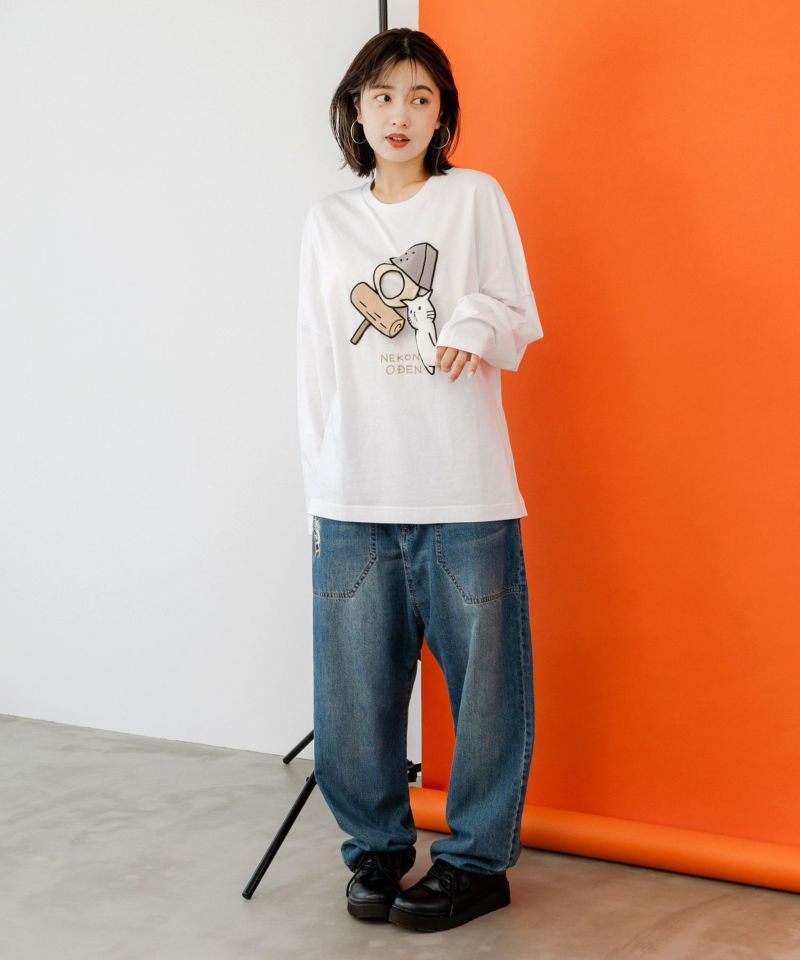 343102：おでんネコびよよんアップリケ ロングスリーブTシャツの