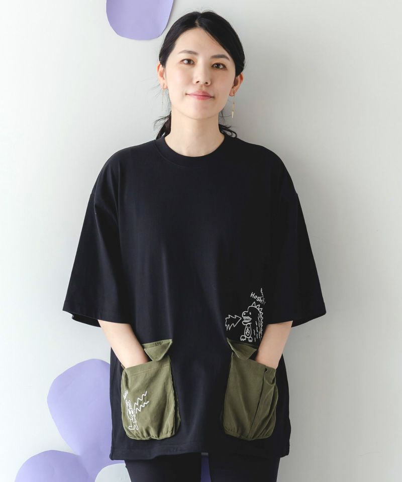 Tシャツ ScoLar Parity スカラー パリティ 352127 ヒーローごっこ刺繍 ポケット付きドロストTシャツ カジュアル 原宿系 個性的 ユニセックス ポイント 352127：ヒーローごっこ刺繍 ポケット付きドロストTシャツの通販