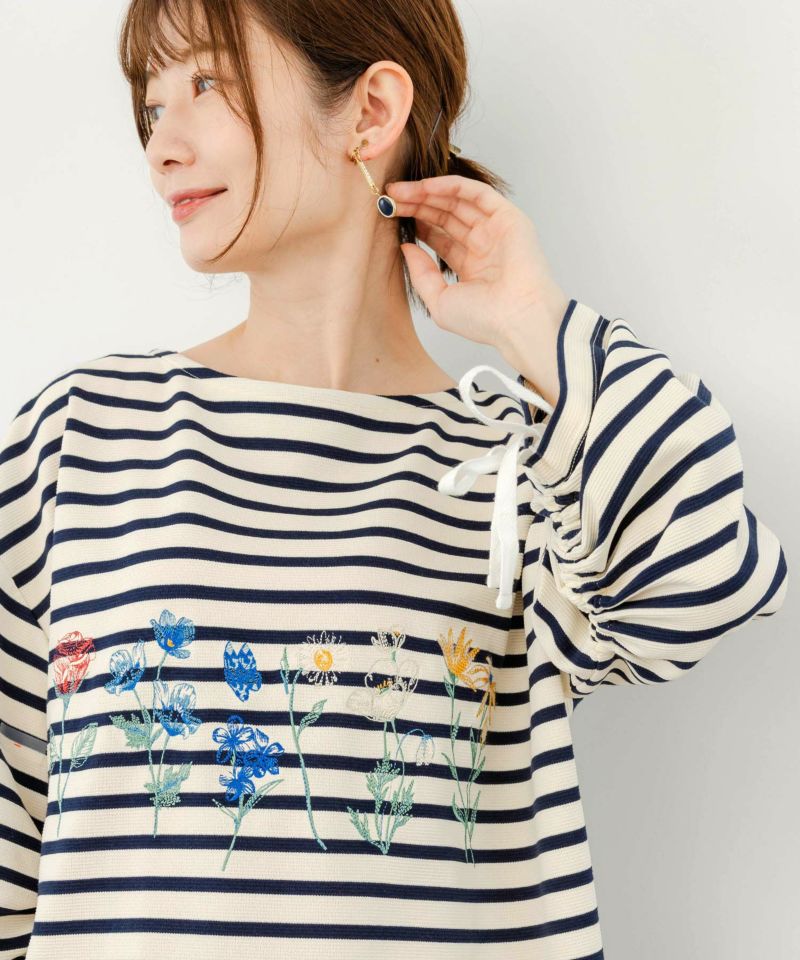 543216：花刺繍ボーダー 袖シャーリング2WAYロングスリーブT