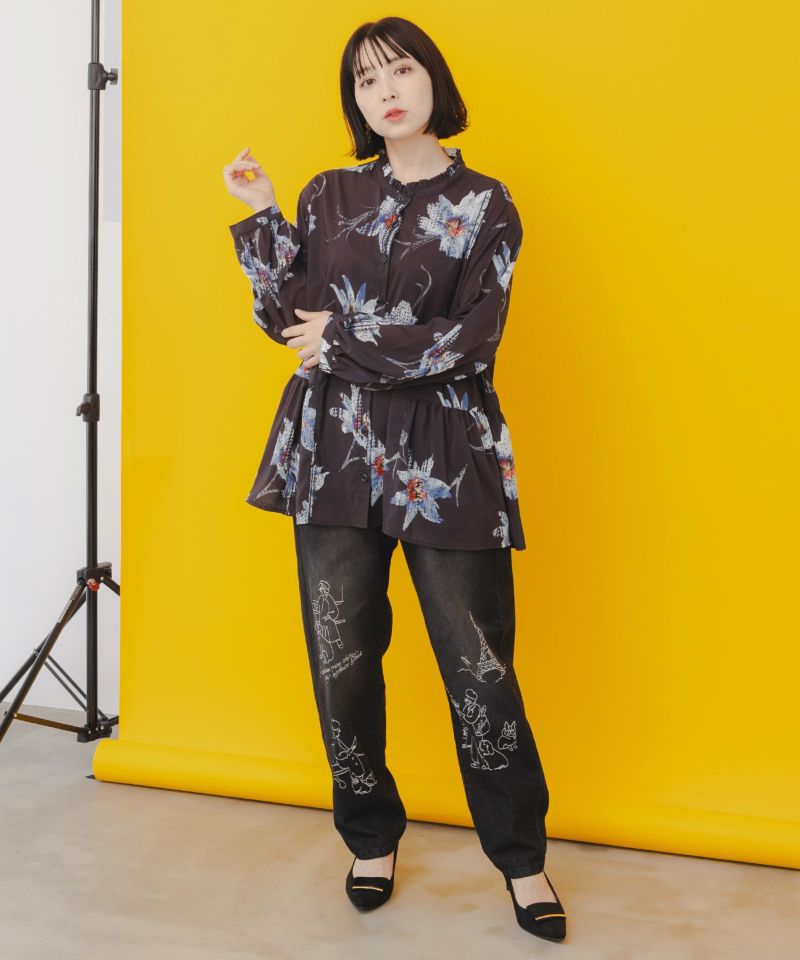 スカラー ScoLar 花柄箔ラバープリント ノーカラーチュニック