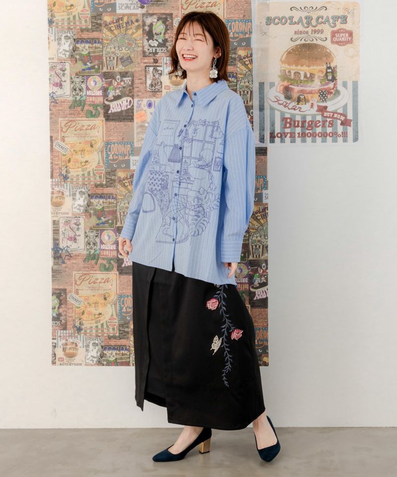 スカラー ScoLar 春の朝プリント ストライプチュニックシャツ （サックス） 551207：春の朝プリント ストライプチュニックシャツの通販-ScoLar