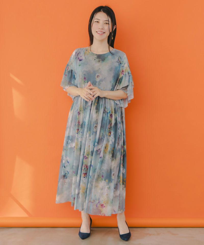 551236：花蝶アート柄 チュール重ねワンピースの通販-ScoLar
