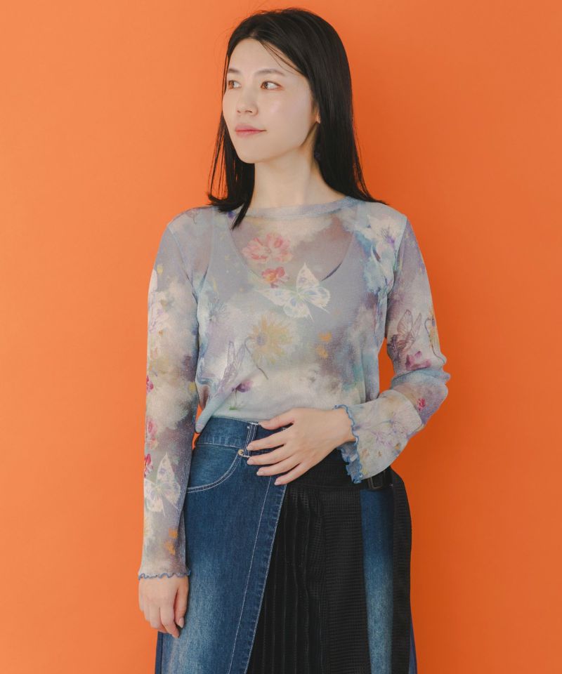 551237：花蝶アート柄 ラメチュールロングスリーブTシャツの通販