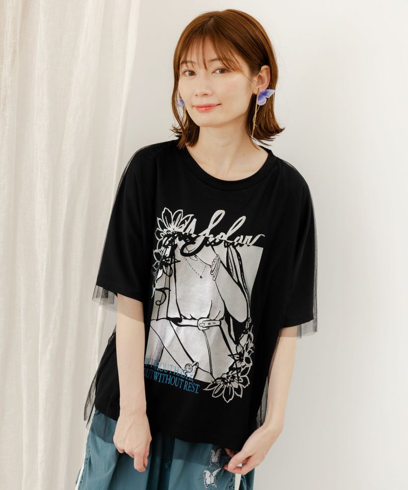 tシャツ 552201：ワンシーン箔プリント チュール重ねTシャツ レディース 552201：ワンシーン箔プリント チュール重ねTシャツの通販-ScoLar