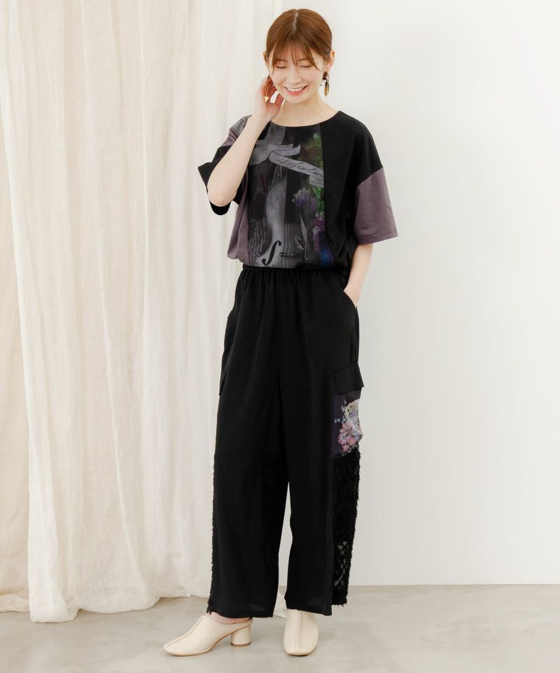 Tシャツ SALE is ScoLar イズ スカラー 552202 アートコラージュ チュール重ね切替Tシャツ トップス フェミニン ガーリー 原宿系 個性的 ポイント 552202：アートコラージュ チュール重ね切替Tシャツの通販-ScoLar