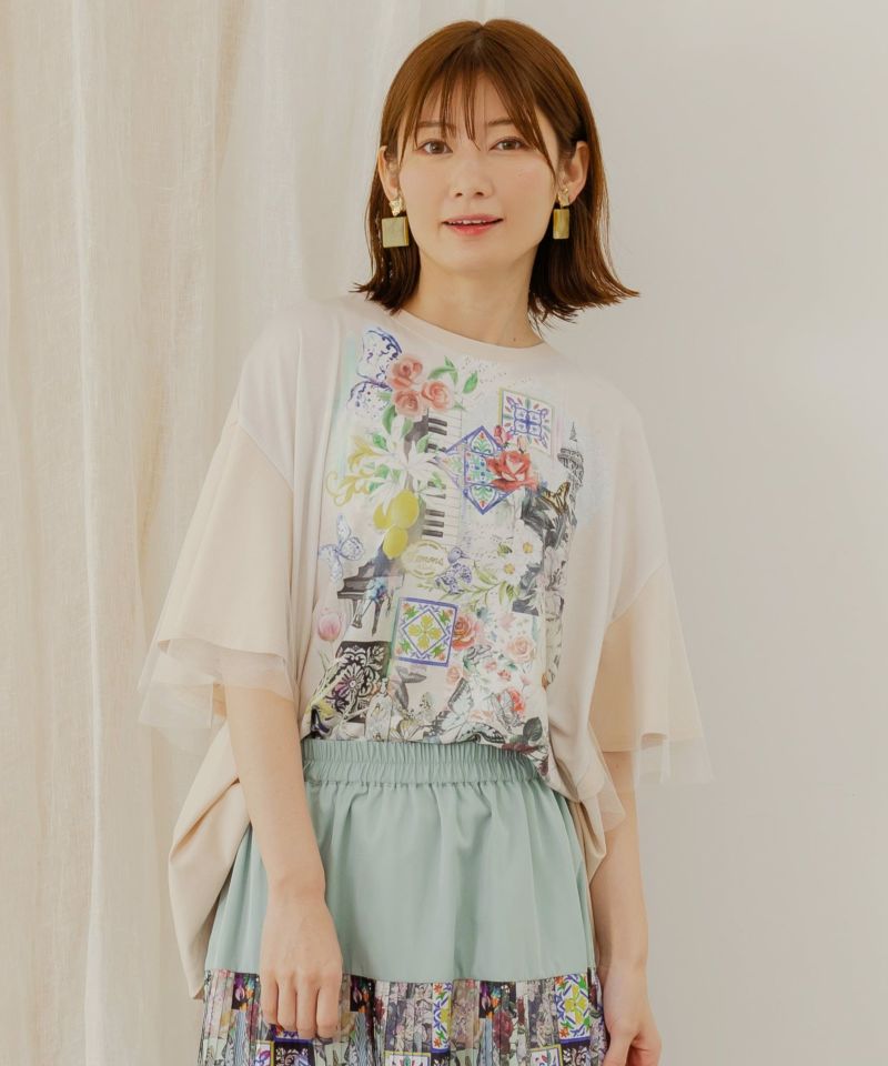 iS ScoLar イズスカラー レディース トップス プルオーバー シチリア コラージュ柄 チュール重ね 二の腕カバー 上品 大人カジュアル ナチュラル 552217 ScoLar iS イズスカラー レディース トップス プルオーバー