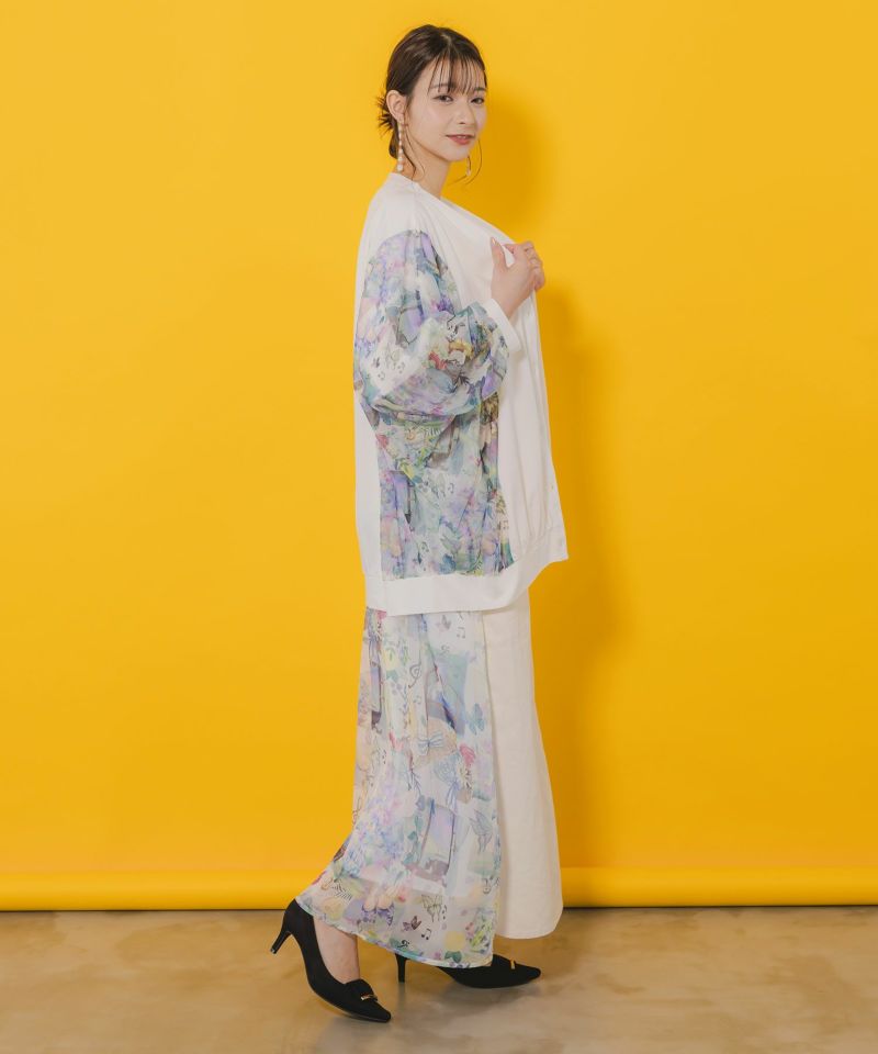 【コンビニ受取対応商品】 552227：紫陽花のある海辺のお部屋柄 チュール切替カーディガン トップス