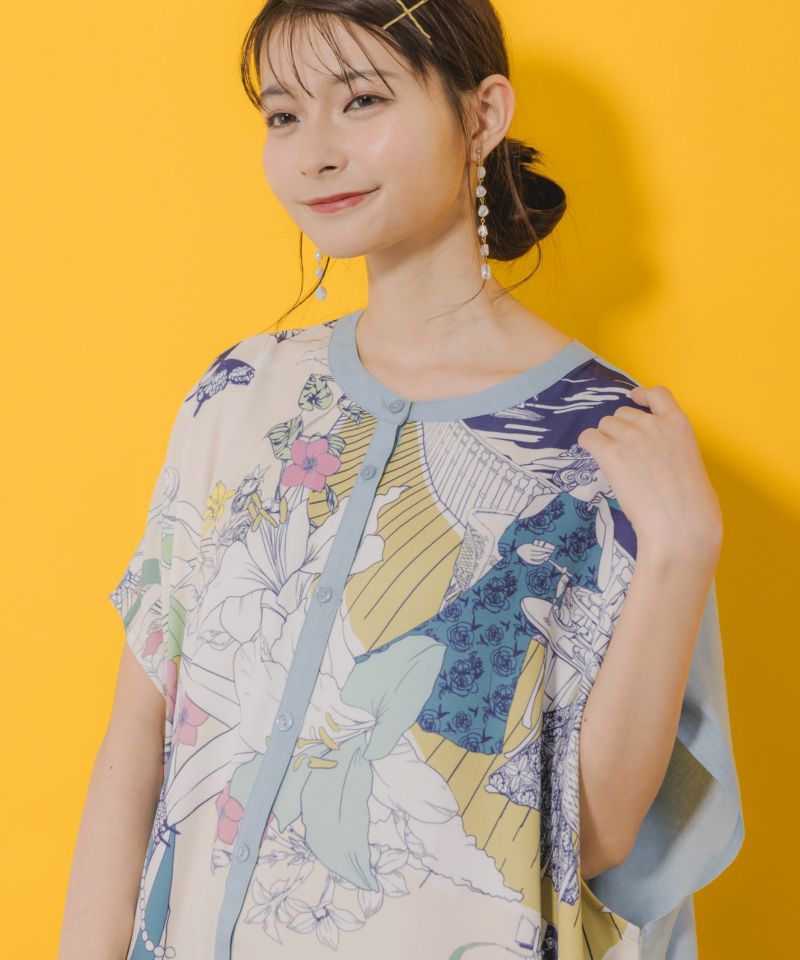 552237：異素材切替 ティータイム柄前開きワンピースの通販-ScoLar 