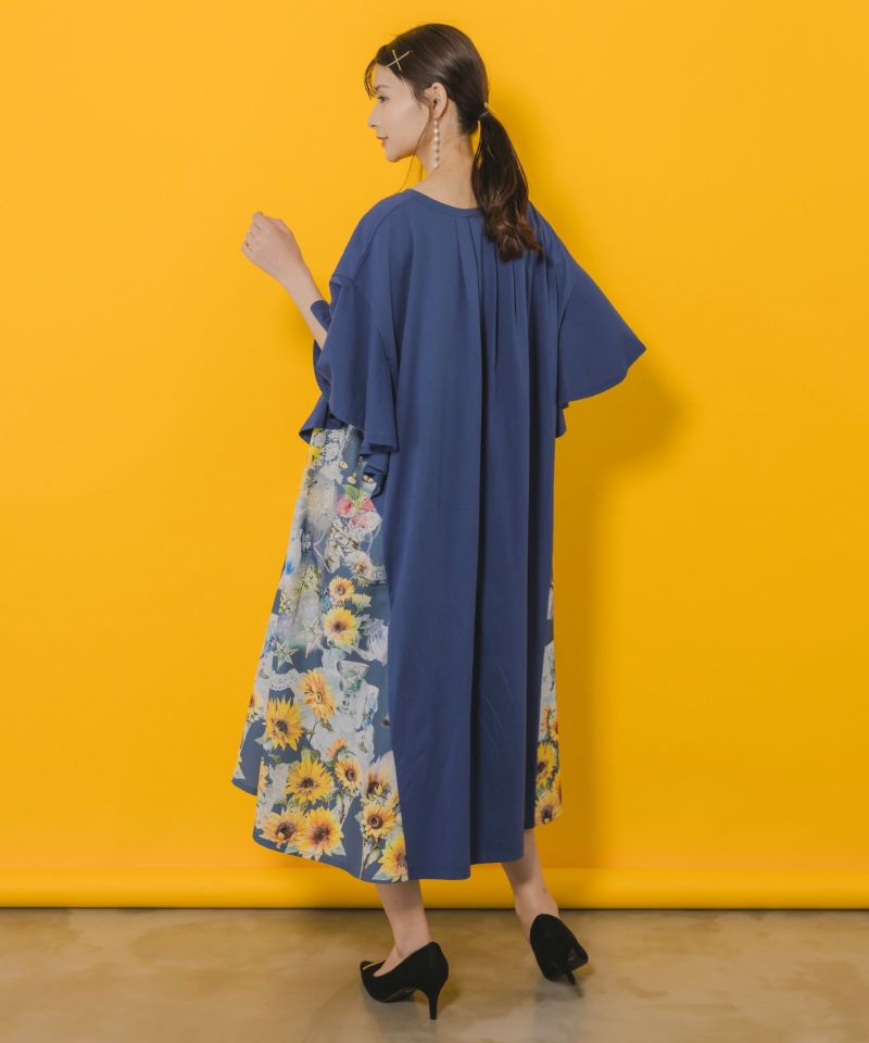 552240：ひまわりコラージュ柄 切替ワンピースの通販-ScoLar 