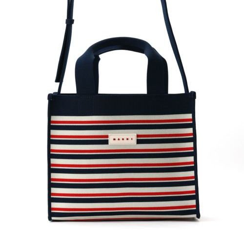 【MARNI】ストライプ ジャカード ニット ショッパーバッグ ブルー&ブラウン ジャカード スモールショッピングバッグ | Marni