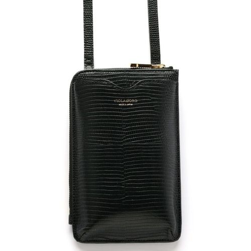 VIOLAd’ORO ヴィオラドーロ スマートフォンポシェット ラタン ブラック チェーンショルダー付き☆リザード調レザーのスマートフォン