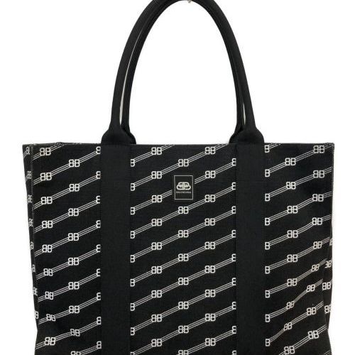 【BALENCIAGA】00sBBロゴ総柄キャンバス生地ハンドバッグ　ブラック 美品】バレンシアガ トートバッグ 肩掛け BB柄 ロゴ型押し 黒