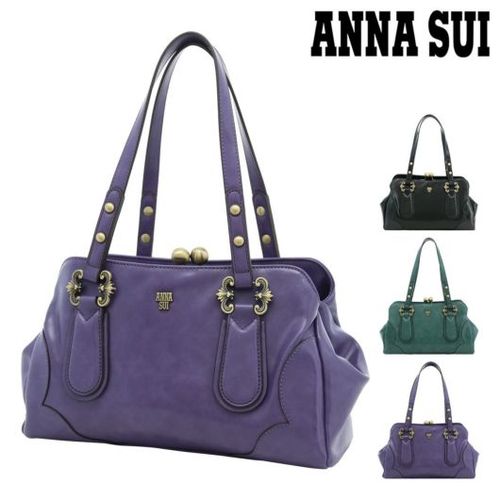 美品 アナスイ ハンドバッグ 腕掛け キャンバス ブラック パープル がま口 美品 アナスイ ハンドバッグ 腕掛け キャンバス ブラック