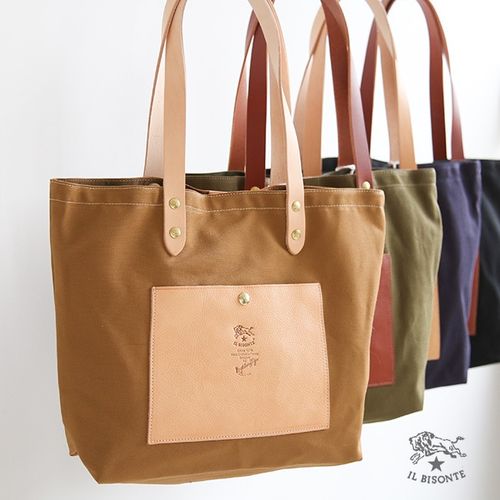IL BISONTE トートバッグ 肩掛け キャンバス × レザー ロゴ A4◎ 208ad40b90ae1d801425a0a0ac4700