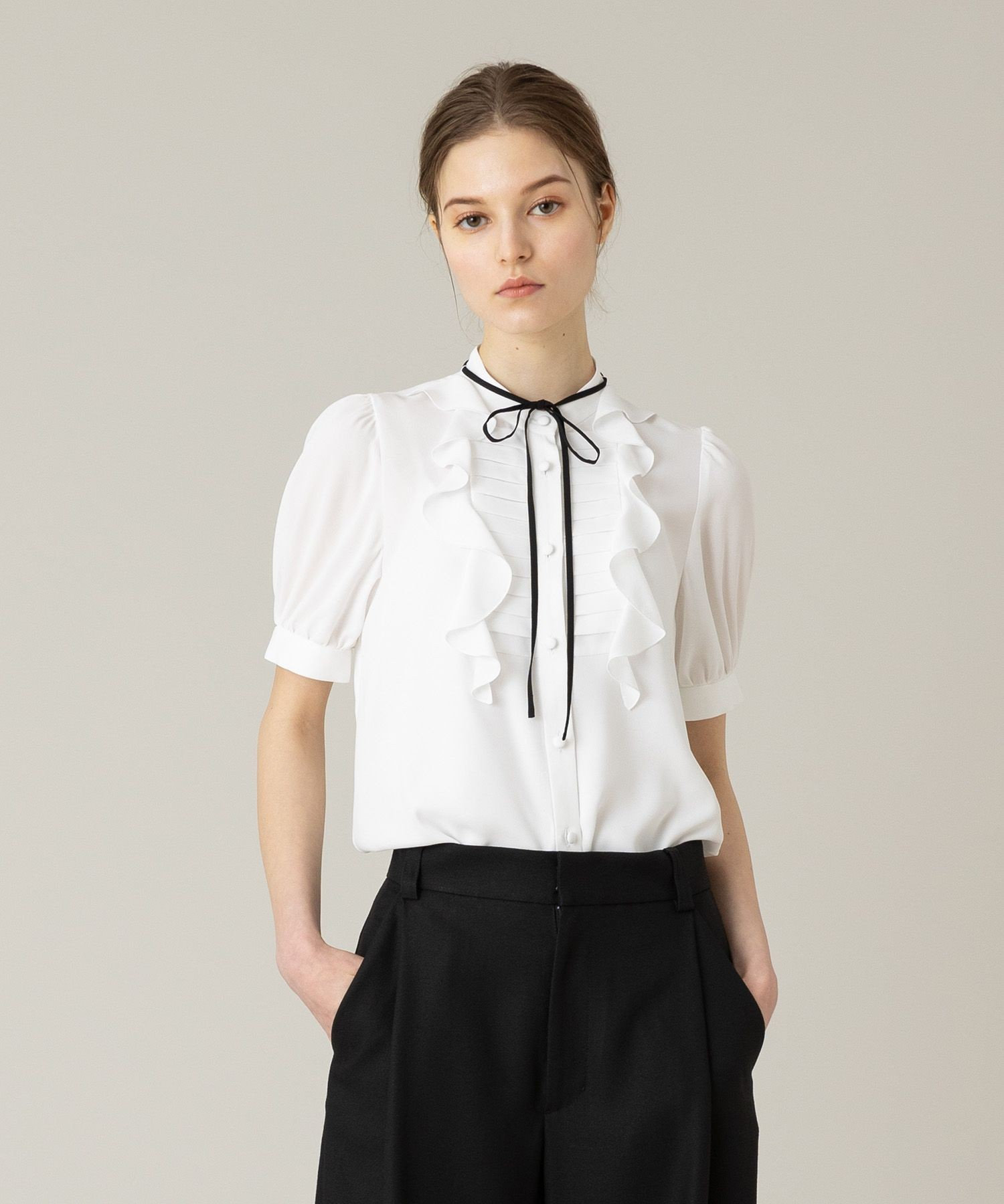 【LOULOU WILLOUGHBY】ボウタイ、衿胸元プリーツピンク系ブラウス2 trim_ofalv_item7c358d38190511f