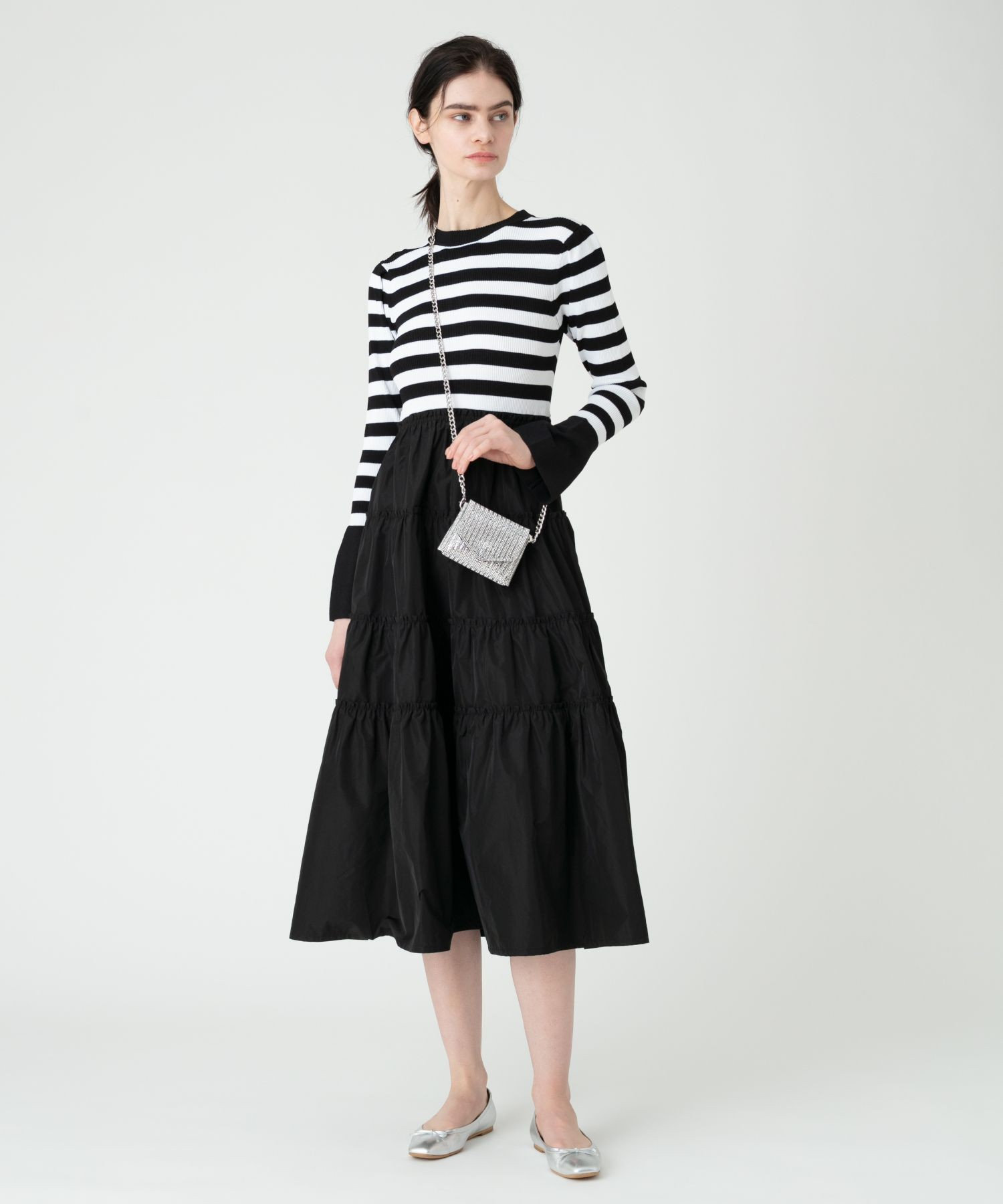 LOULOU WILLOUGHBY】タフタティアードニットワンピース